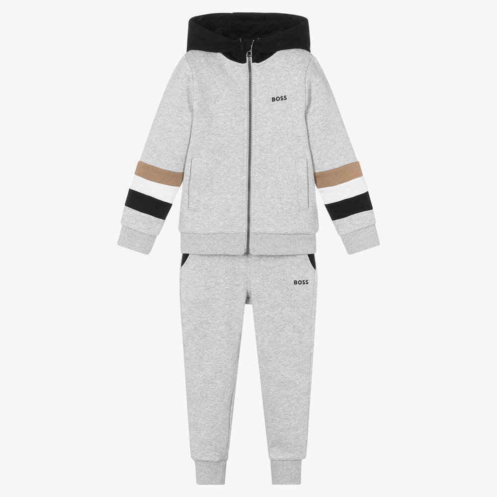 BOSS - Boys Grey & Black Hooded Tracksuit | Childrensalon