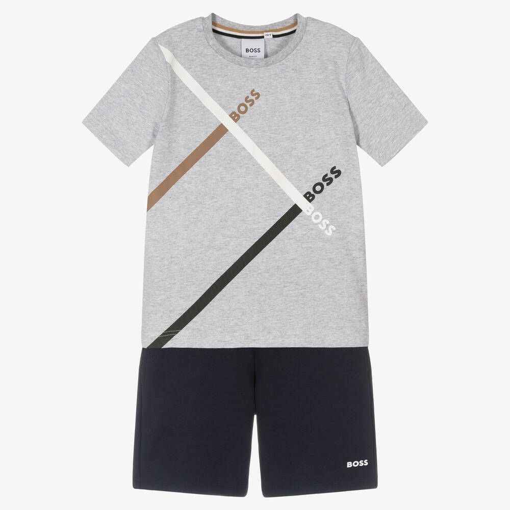 BOSS - Boys Grey & Blue Cotton Logo Shorts Set  | Childrensalon