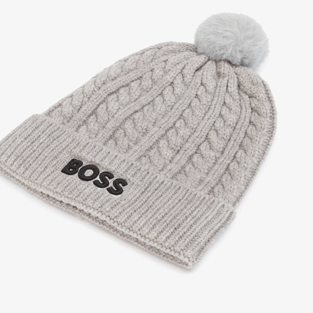 BOSS-Boys Grey Cable Knit Bobble Hat | Childrensalon Outlet