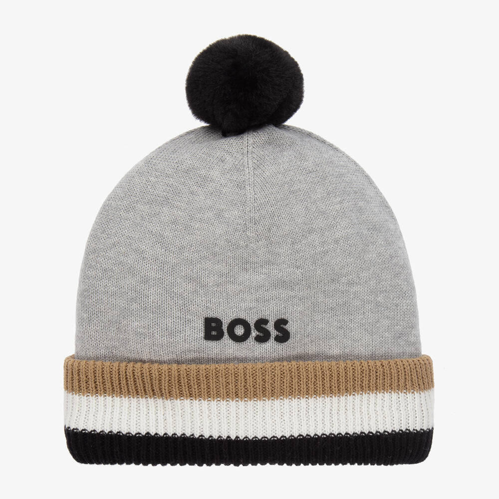 BOSS - Boys Grey Cotton Knit Bobble Hat | Childrensalon