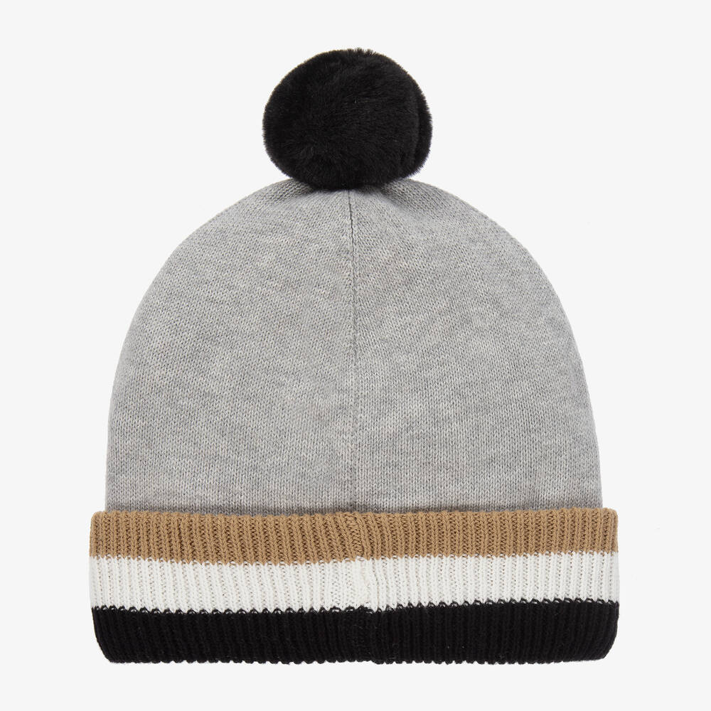 BOSS Boys Grey Cotton Knit Bobble Hat