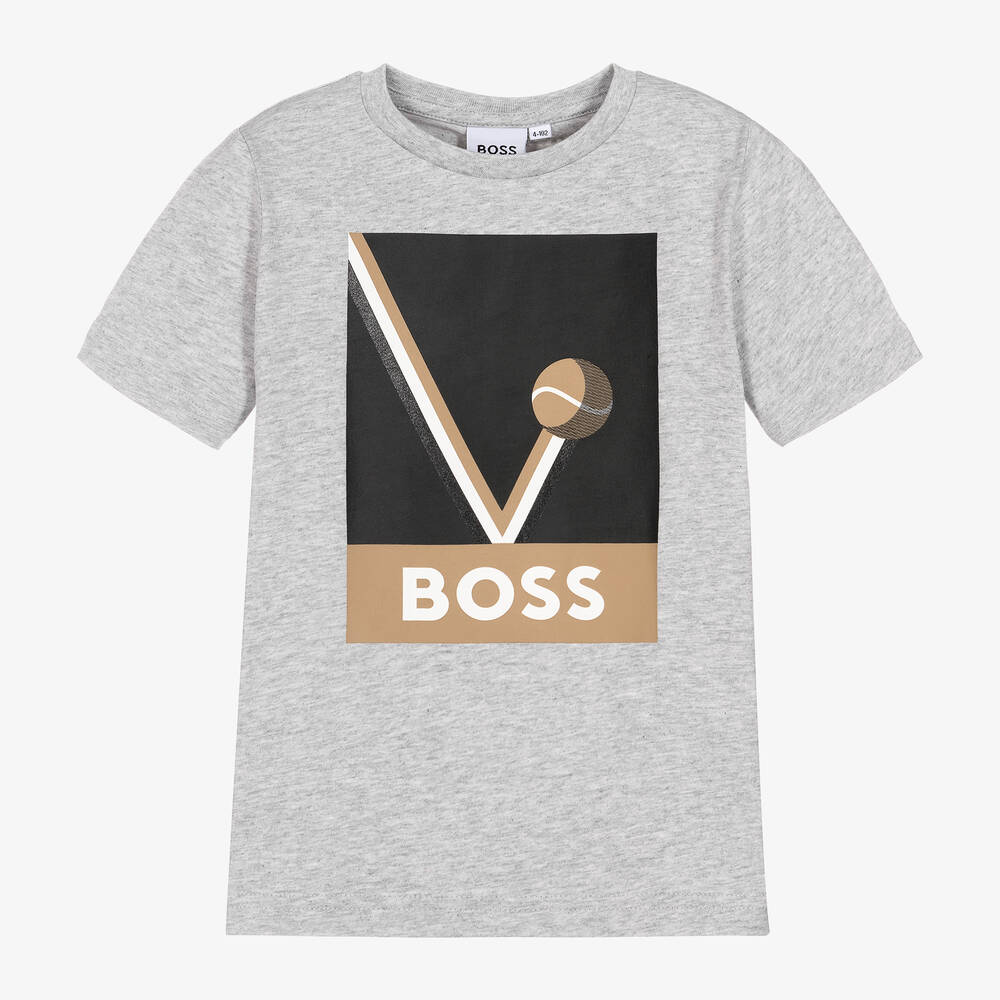 BOSS - Boys Grey Cotton Logo T-Shirt | Childrensalon