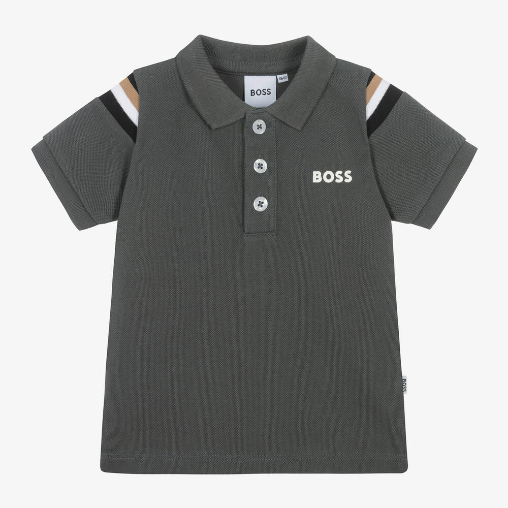 BOSS-Boys Grey Cotton Piqué Polo Top | Childrensalon Outlet