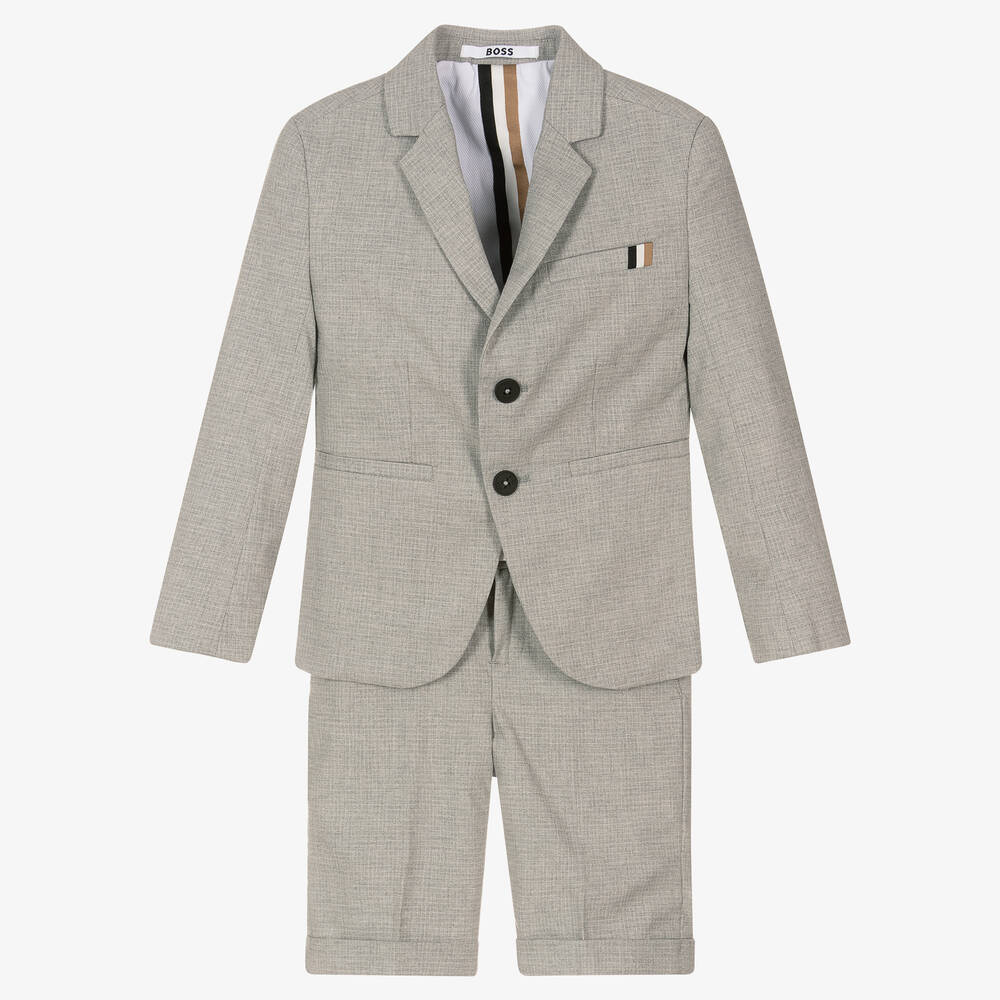 BOSS - Boys Grey Cotton Shorts Suit | Childrensalon