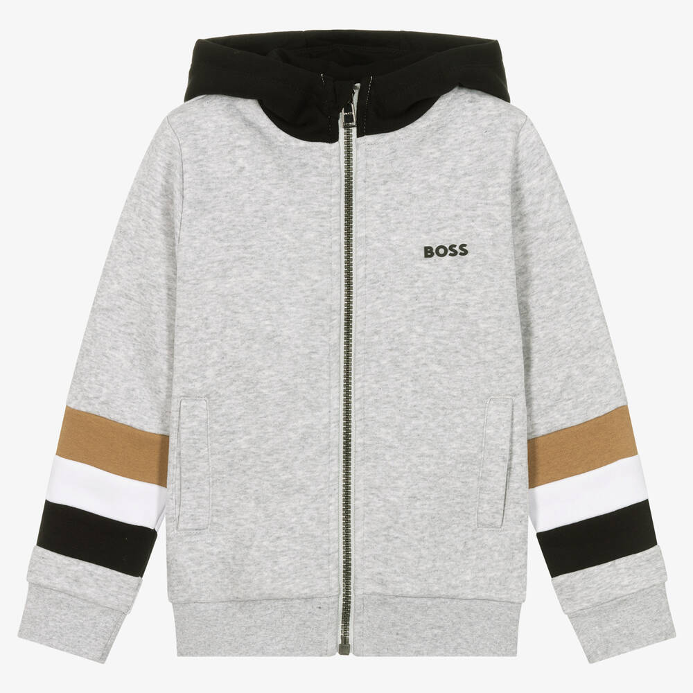 BOSS - Sweat à capuche gris zippé en coton garçon | Childrensalon