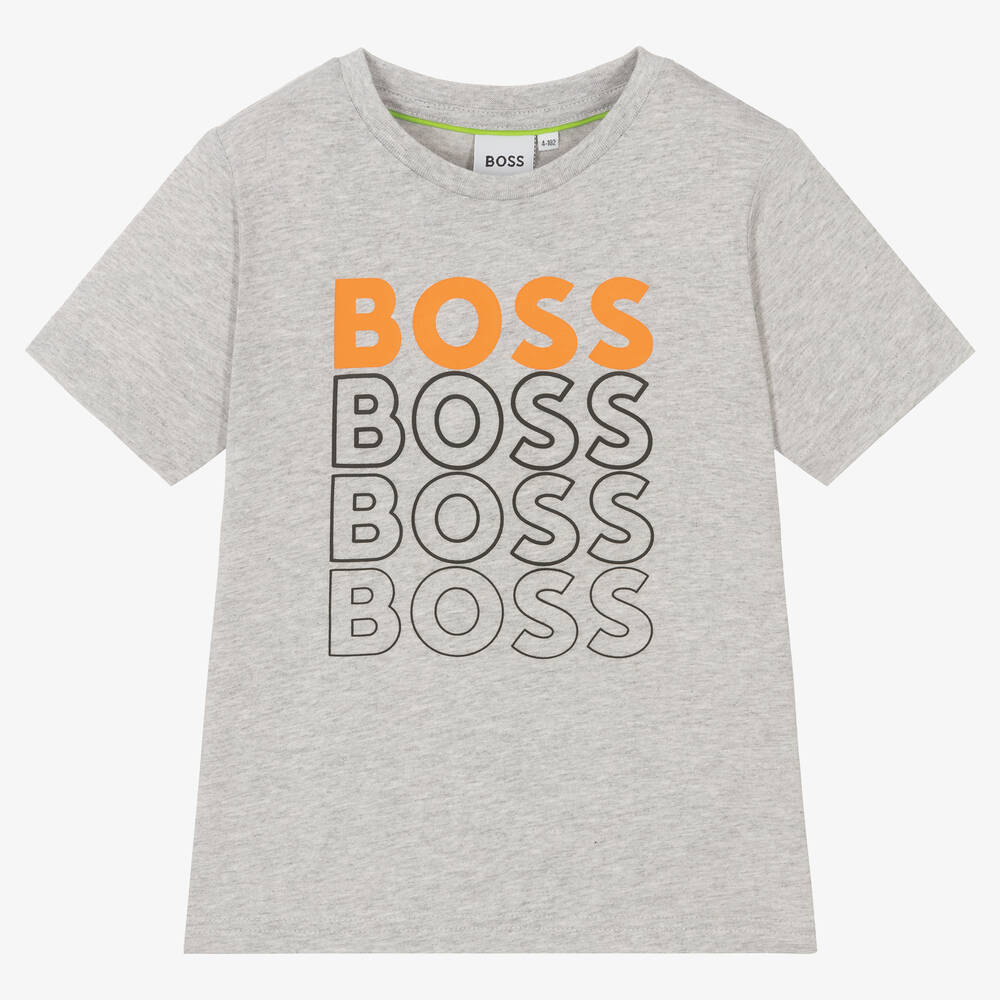 BOSS - Boys Grey Gradient Logo Cotton T-Shirt | Childrensalon