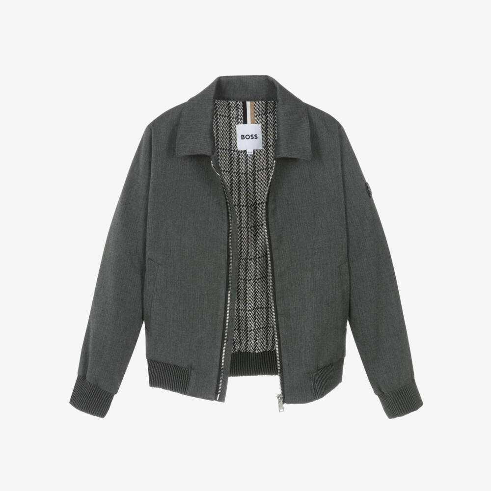 BOSS-Boys Grey Herringbone Zip-Up Blouson Jacket | Childrensalon Outlet