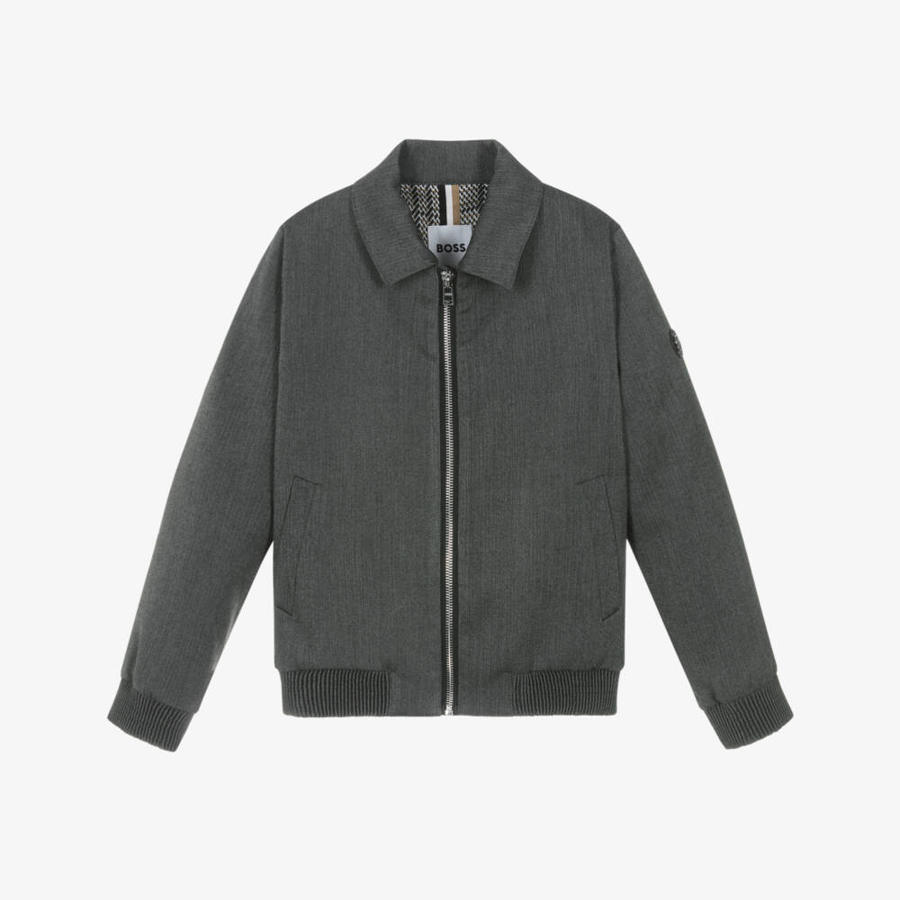 BOSS-Boys Grey Herringbone Zip-Up Blouson Jacket | Childrensalon Outlet