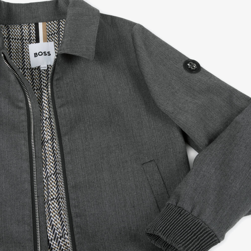 BOSS-Boys Grey Herringbone Zip-Up Blouson Jacket | Childrensalon Outlet