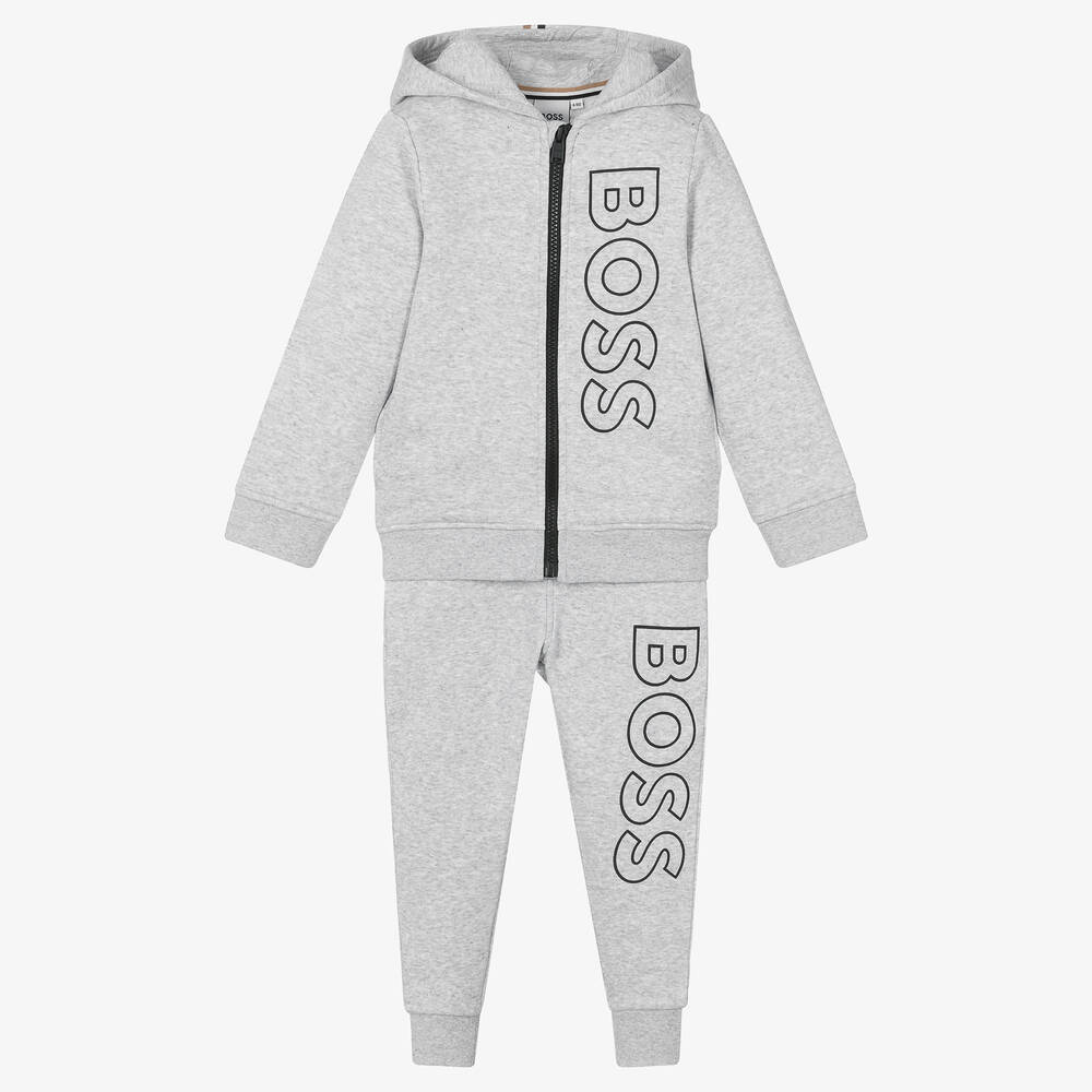 BOSS - بدلة رياضية هودي قطن جيرسي لون رمادي للأولاد | Childrensalon