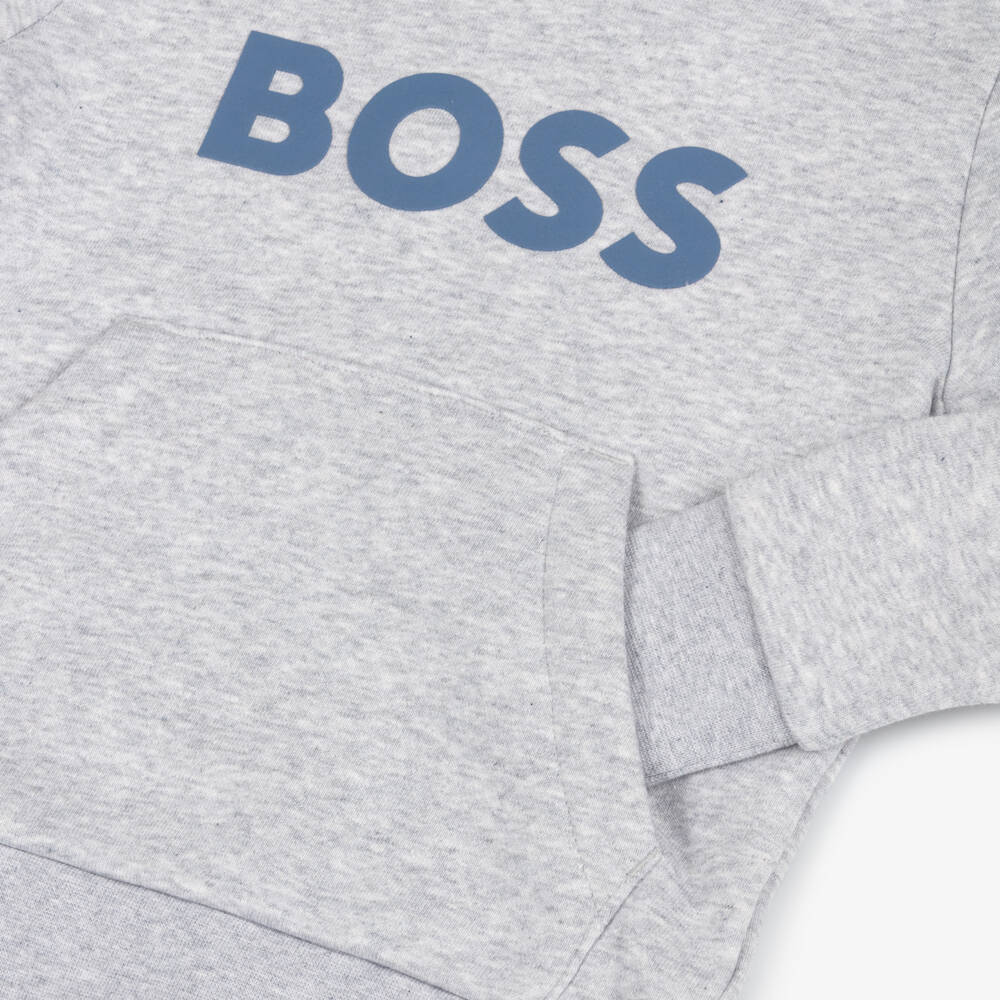 BOSS-Boys Grey Logo Cotton Hoodie | Childrensalon Outlet