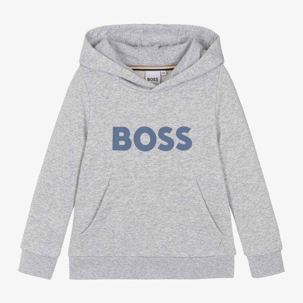 BOSS-Boys Grey Logo Cotton Hoodie | Childrensalon Outlet