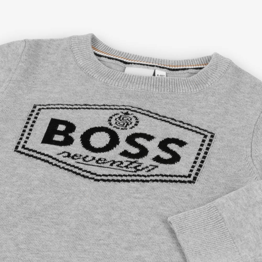 BOSS-Boys Grey Logo Knit Jumper | Childrensalon Outlet