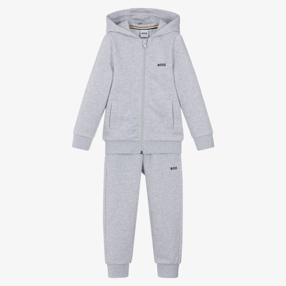 BOSS-Boys Grey Marl Zip-Up Hooded Tracksuit | Childrensalon Outlet