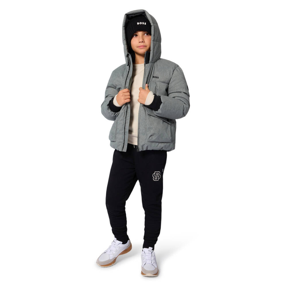 BOSS-Boys Grey Padded Hooded Jacket | Childrensalon Outlet