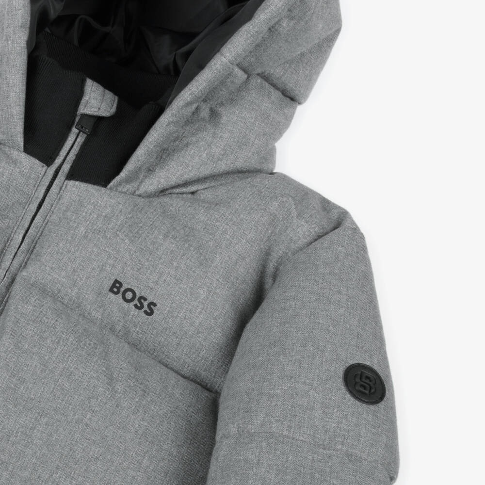 BOSS-Boys Grey Padded Hooded Jacket | Childrensalon Outlet