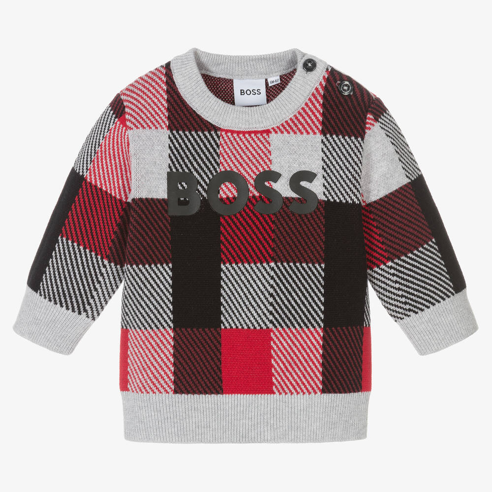 BOSS - Серо-красный свитер в клетку для мальчиков | Childrensalon