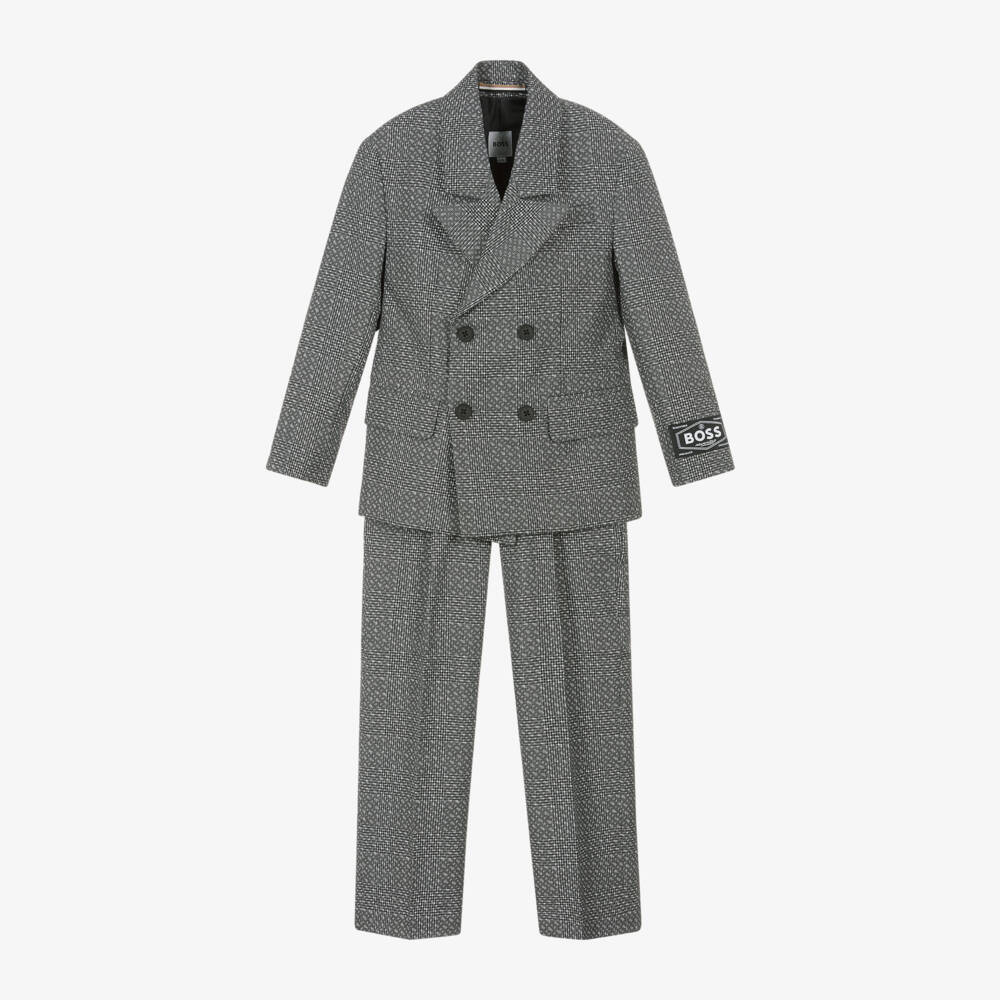 BOSS-Boys Grey Signature Pattern Suit | Childrensalon Outlet