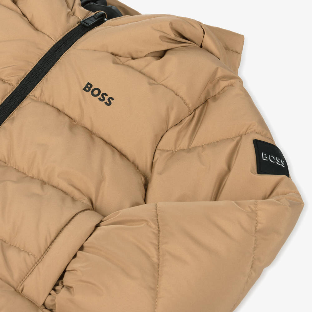BOSS-Бежевая куртка-пуховик с капюшоном для мальчиков | Childrensalon Outlet