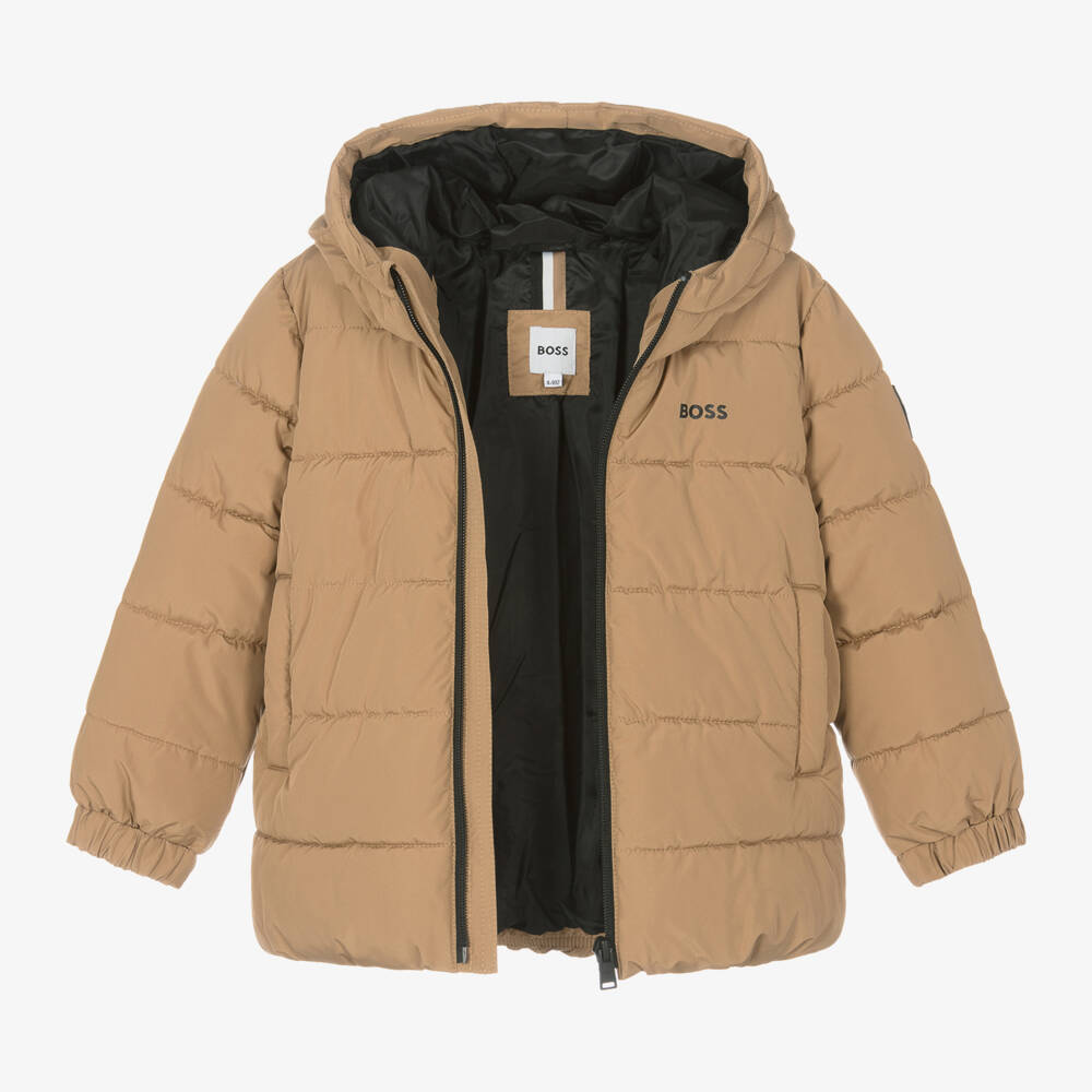 BOSS-Бежевая куртка-пуховик с капюшоном для мальчиков | Childrensalon Outlet