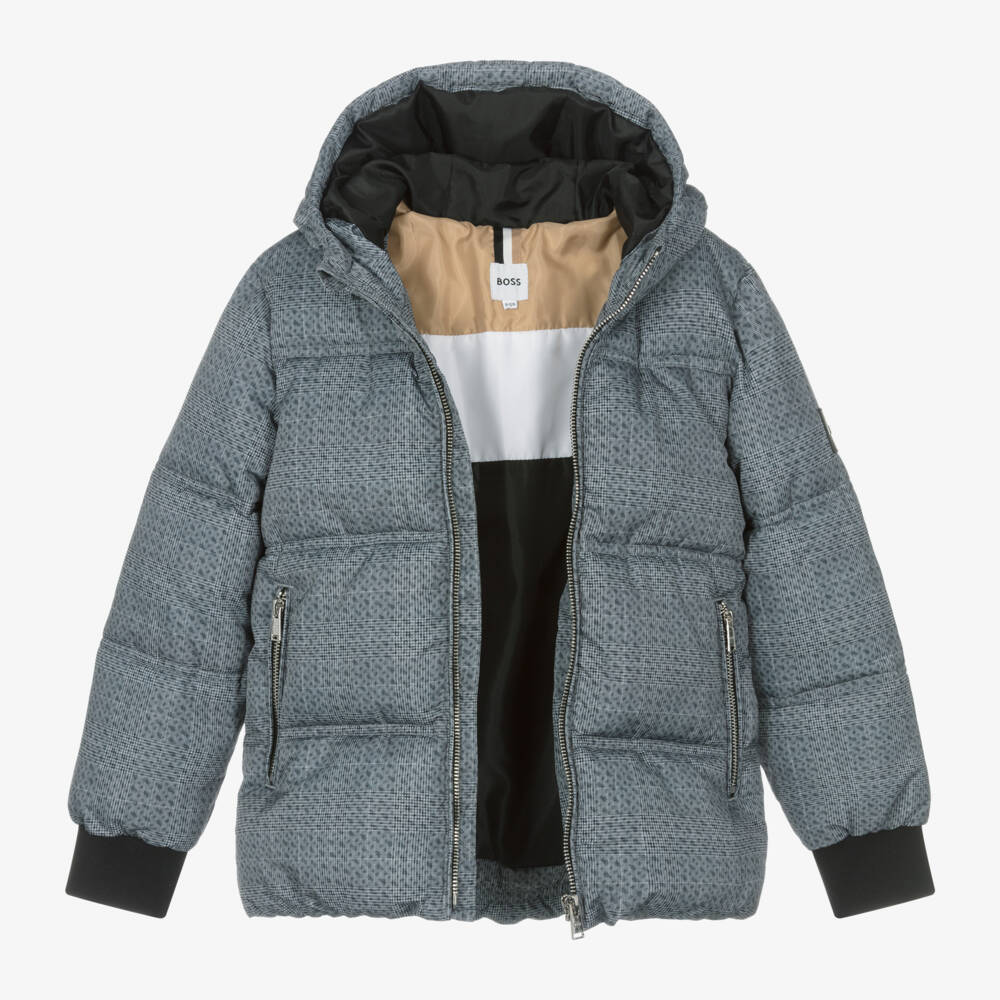 BOSS-Серая куртка-пуховик в клетку для мальчиков | Childrensalon Outlet