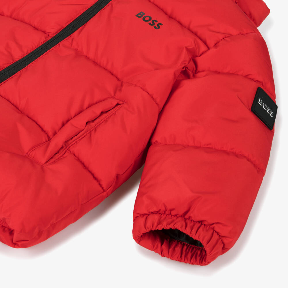 BOSS-Boys Hooded Red Puffer Jacket | Childrensalon Outlet