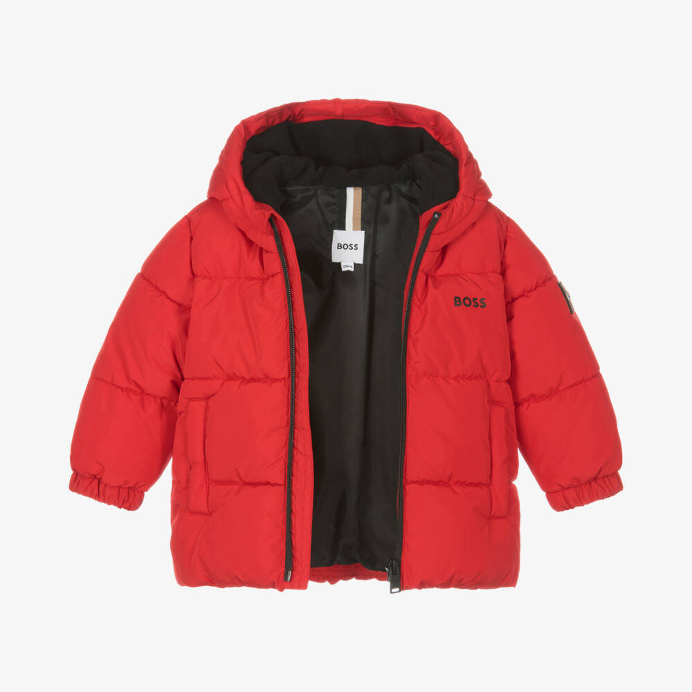 BOSS-Boys Hooded Red Puffer Jacket | Childrensalon Outlet