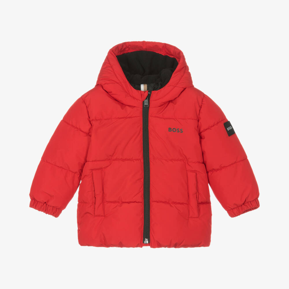 BOSS-Boys Hooded Red Puffer Jacket | Childrensalon Outlet