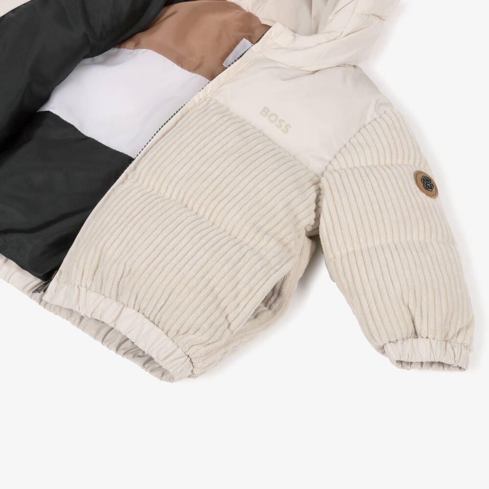 BOSS-Boys Ivory Corduroy Puffer Jacket with Hood | Childrensalon Outlet