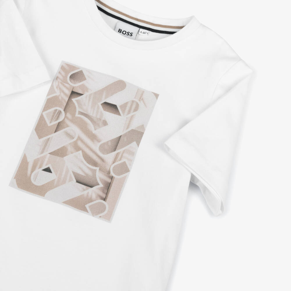 BOSS-Boys Ivory Cotton Logo Tee | Childrensalon Outlet