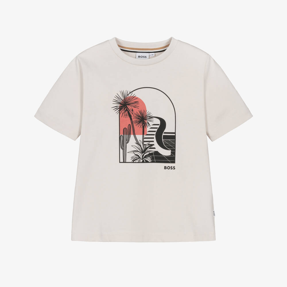 BOSS-Boys Ivory Cotton T-Shirt with Graphic Logo Print | Childrensalon Outlet