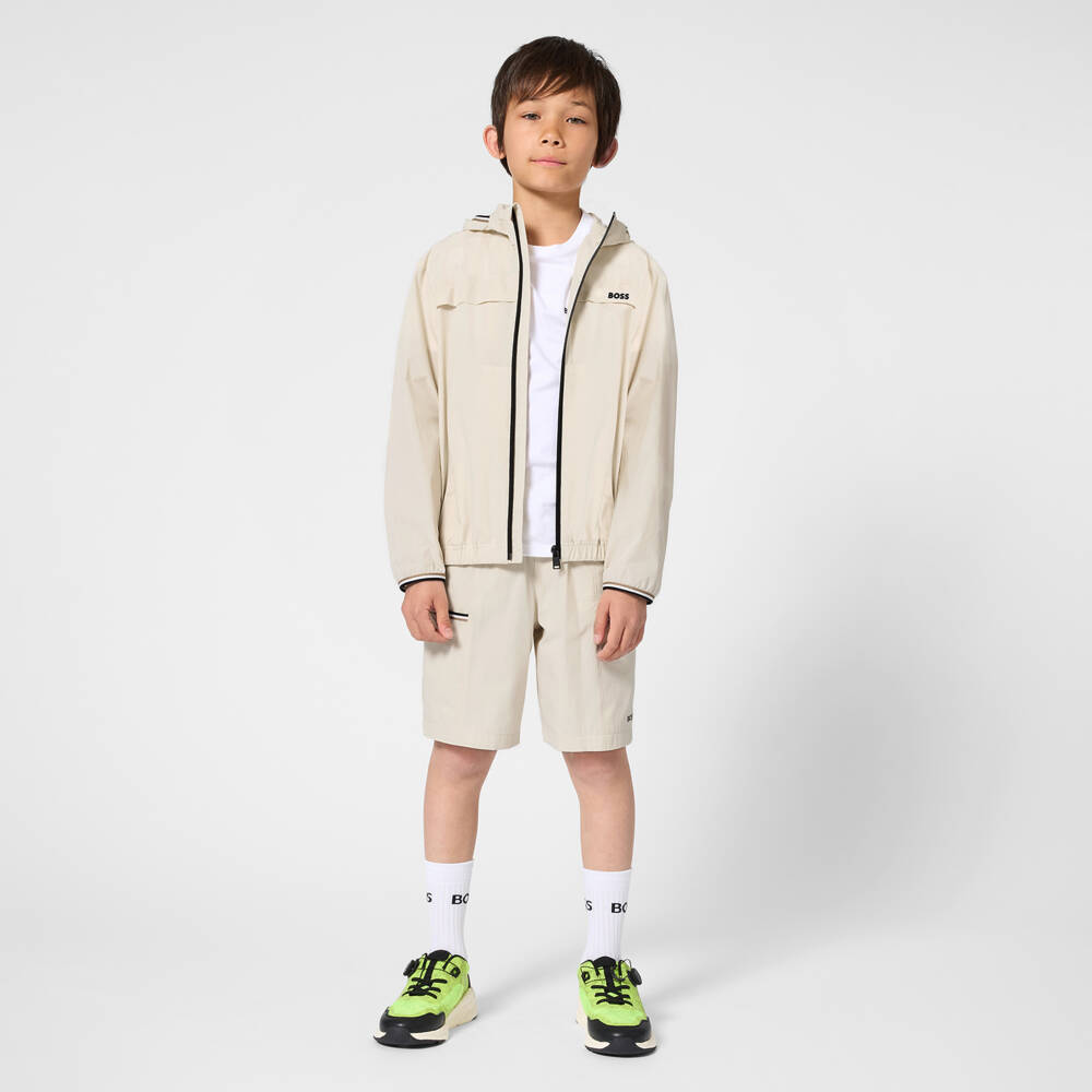 BOSS-Boys Ivory Hooded Windbreaker Jacket & Shorts Set | Childrensalon Outlet