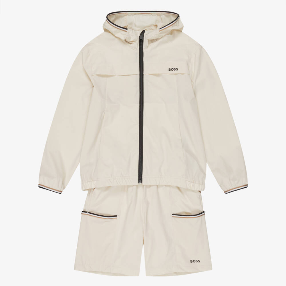 BOSS-Boys Ivory Hooded Windbreaker Jacket & Shorts Set | Childrensalon Outlet