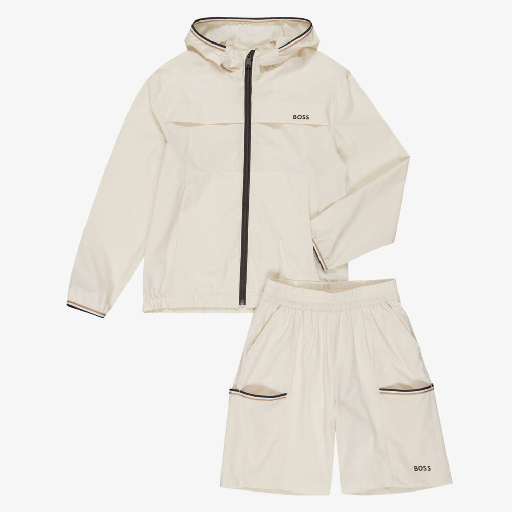 BOSS-Boys Ivory Hooded Windbreaker Jacket & Shorts Set | Childrensalon Outlet