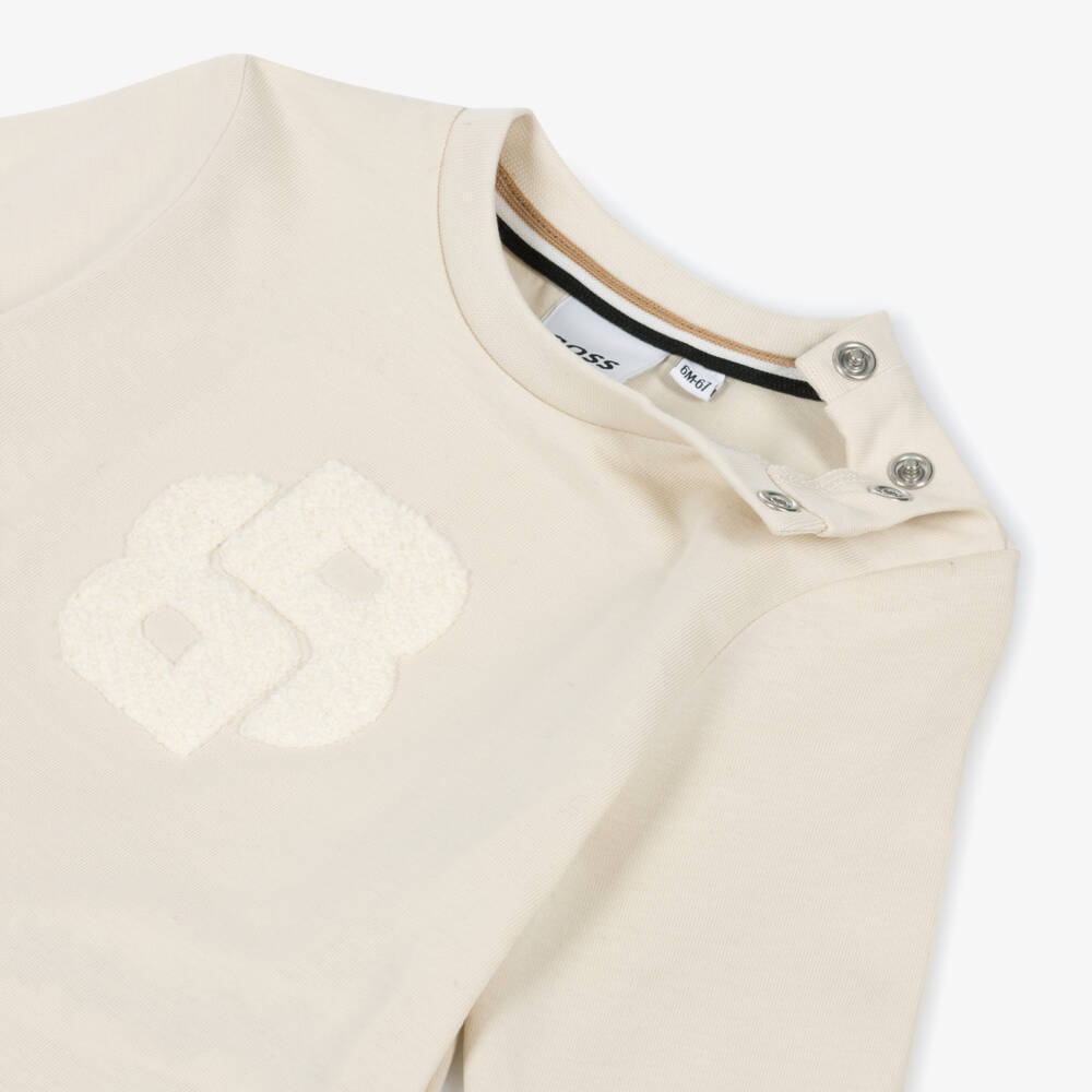 BOSS-Boys Ivory Long-Sleeve Top with Bouclé Double B Monogram Logo | Childrensalon Outlet