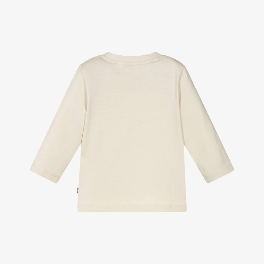 BOSS-Boys Ivory Long-Sleeve Top with Bouclé Double B Monogram Logo | Childrensalon Outlet