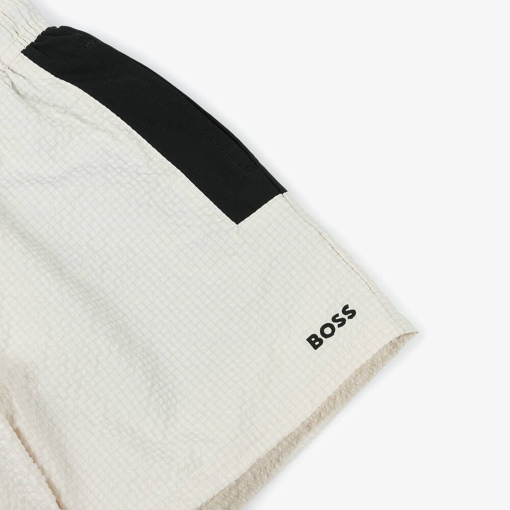 BOSS-Boys Ivory Textured Swim Shorts | Childrensalon Outlet