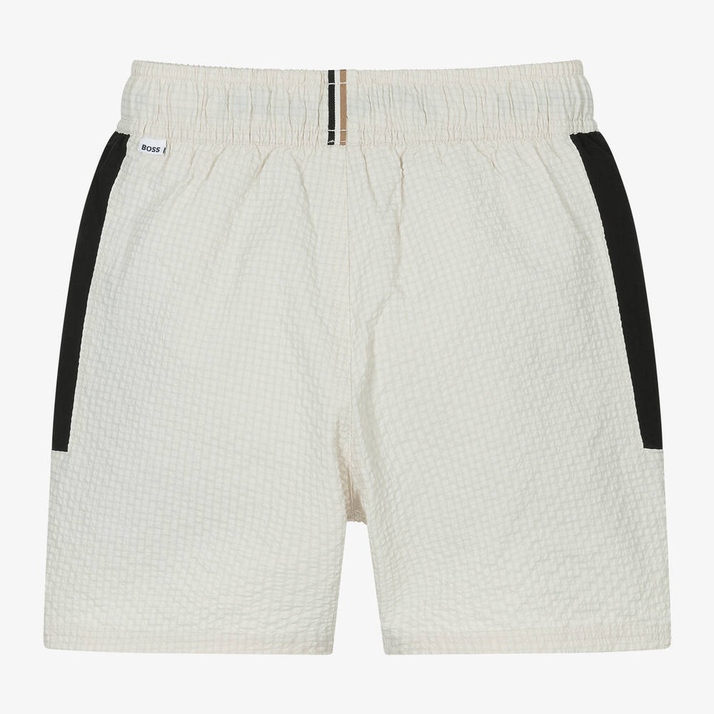 BOSS-Boys Ivory Textured Swim Shorts | Childrensalon Outlet