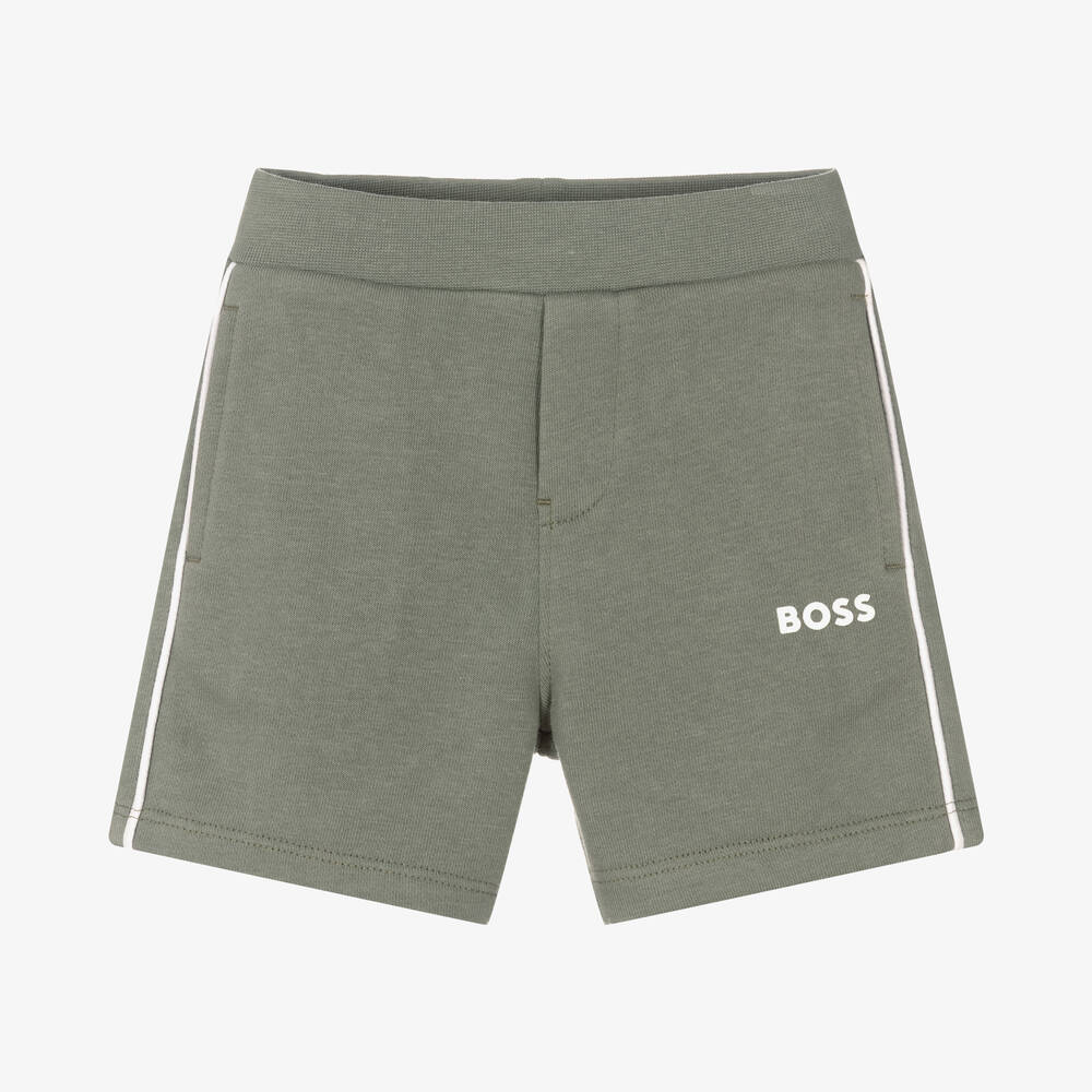 BOSS - Boys Khaki Green Cotton Logo Shorts | Childrensalon