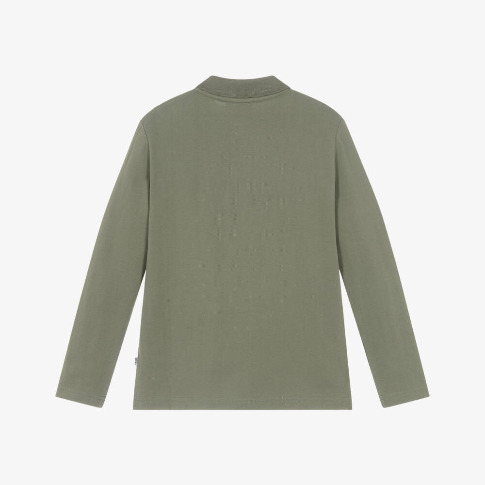 BOSS-Boys Khaki Green Cotton Long-Sleeved Polo Shirt | Childrensalon Outlet