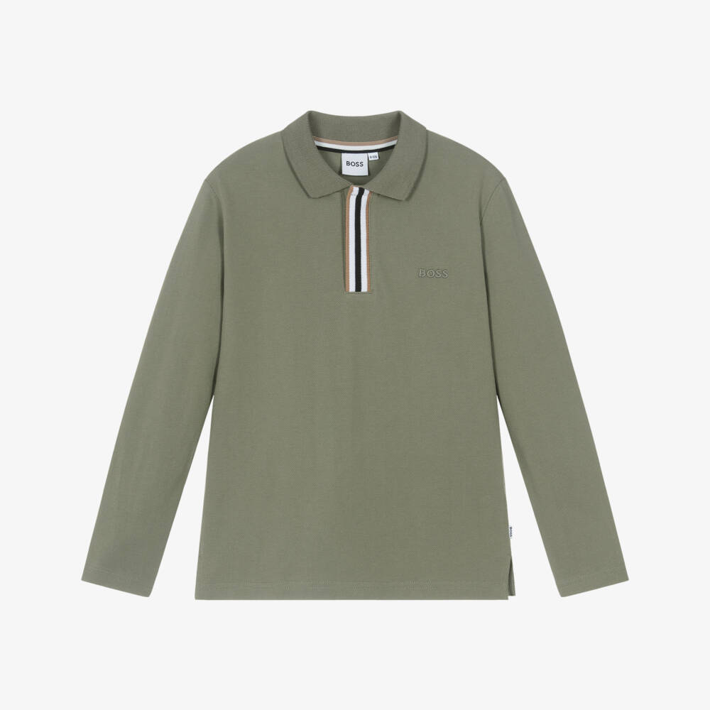 BOSS-Boys Khaki Green Cotton Long-Sleeved Polo Shirt | Childrensalon Outlet