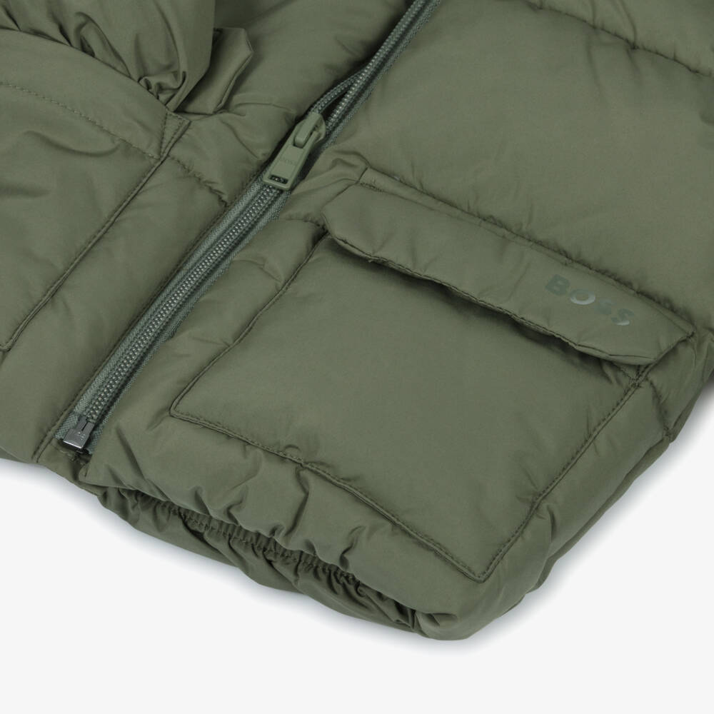 BOSS-Boys Khaki Green Puffer Jacket with Subtle Logo | Childrensalon Outlet