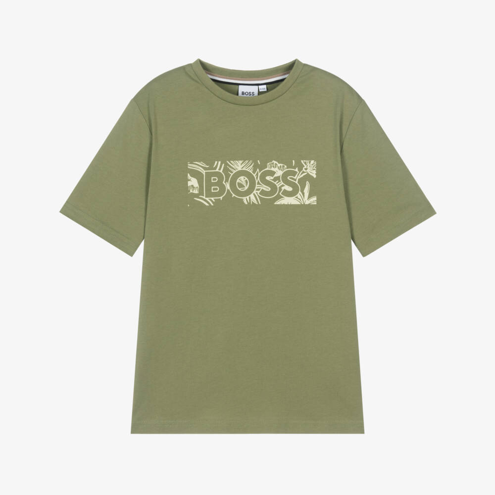 BOSS-Boys Khaki Leaf Print Tee | Childrensalon Outlet