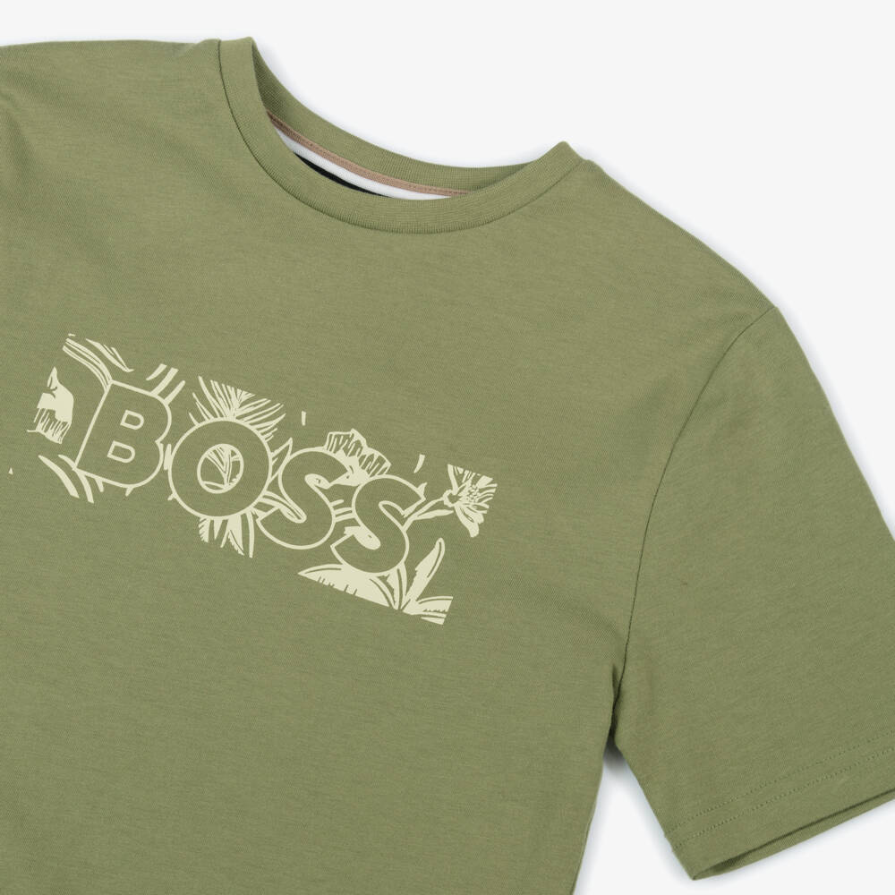 BOSS-Boys Khaki Leaf Print Tee | Childrensalon Outlet