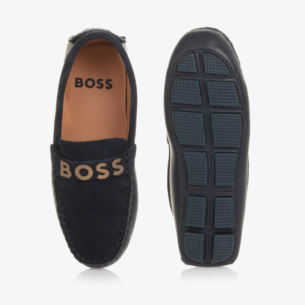 BOSS-Boys Leather Navy Loafers | Childrensalon Outlet