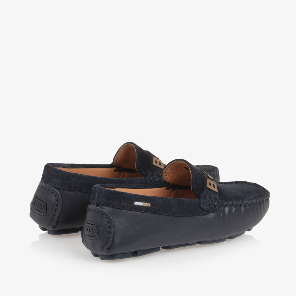 BOSS-Boys Leather Navy Loafers | Childrensalon Outlet