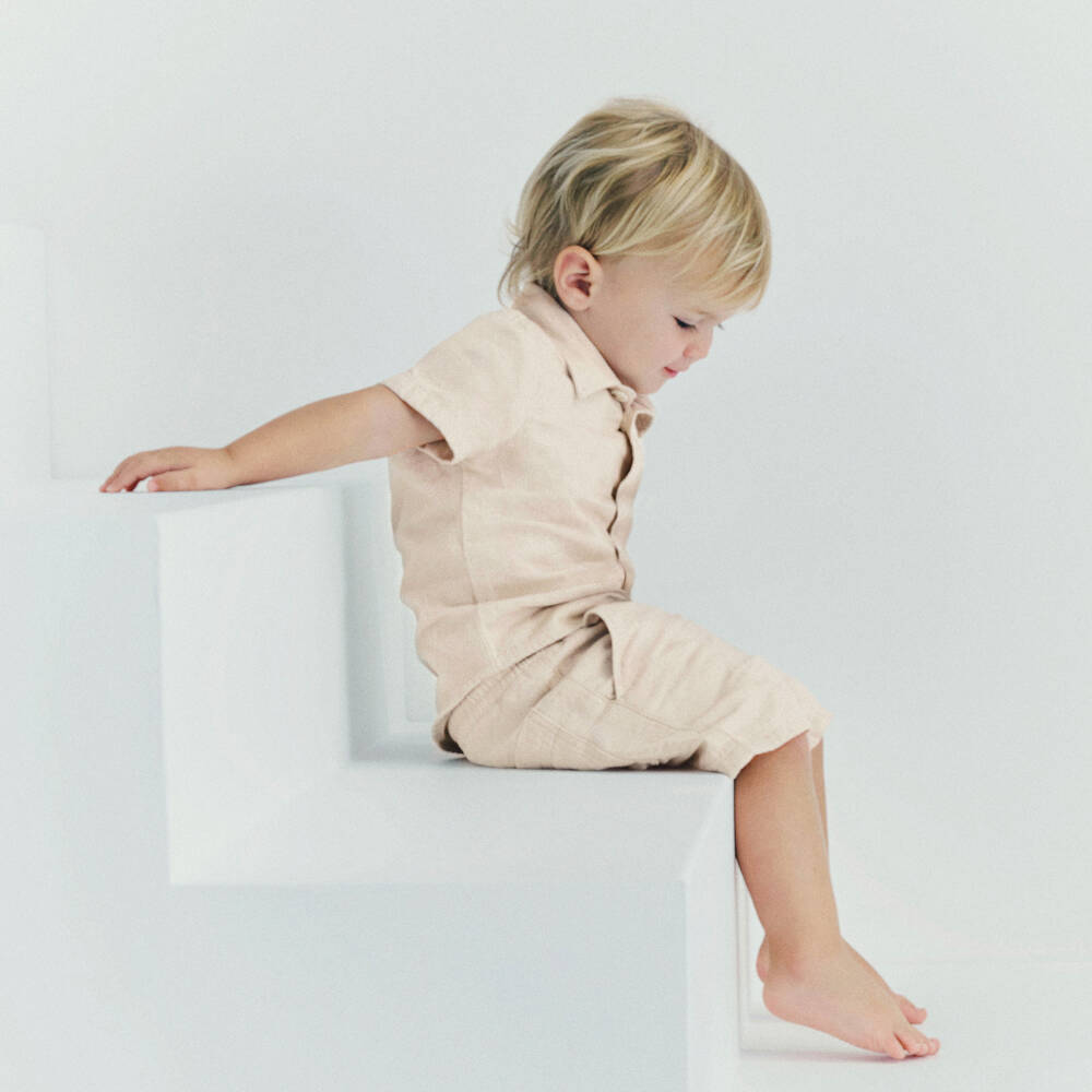 BOSS-Boys Light Beige Linen & Cotton Shirt | Childrensalon Outlet