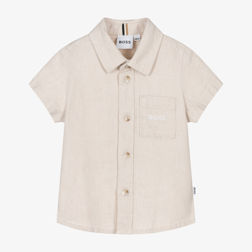 BOSS-Boys Light Beige Linen & Cotton Shirt | Childrensalon Outlet