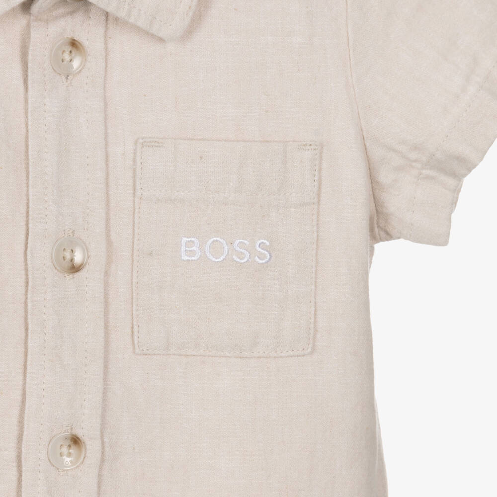 BOSS-Boys Light Beige Linen & Cotton Shirt | Childrensalon Outlet