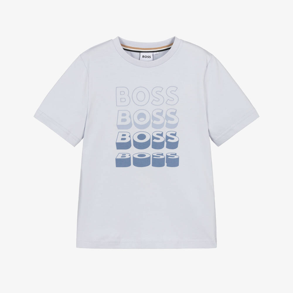 BOSS-Boys Light Blue Cotton T-Shirt with Repeat Logo | Childrensalon Outlet